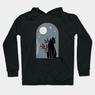 Black cat with plants and night sky in vintage boho minimalist style Hoodie